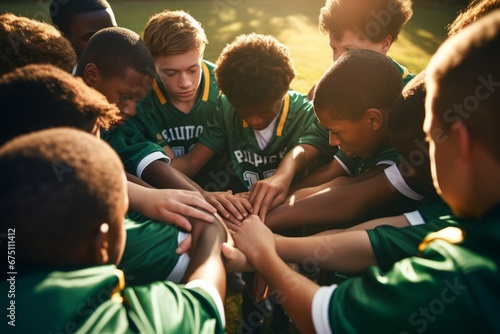 Teenage boy high school football team connecting hands in huddle © Emanuel