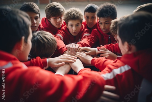Teenage boy high school football team connecting hands in huddle photo