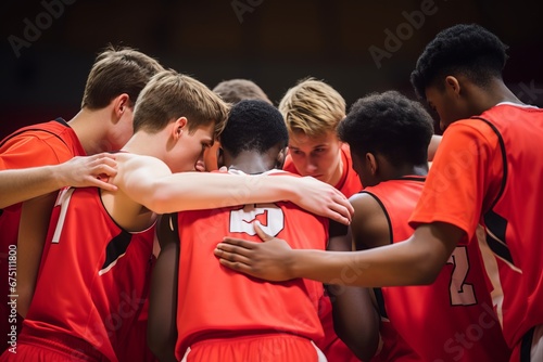 High school basketball team with teenage boys holding hands in a huddle