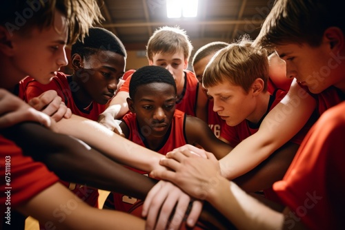 High school basketball team with teenage boys holding hands in a huddle