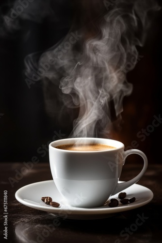 Cup of steamy hot black coffee with warm steam cloud in a white mug