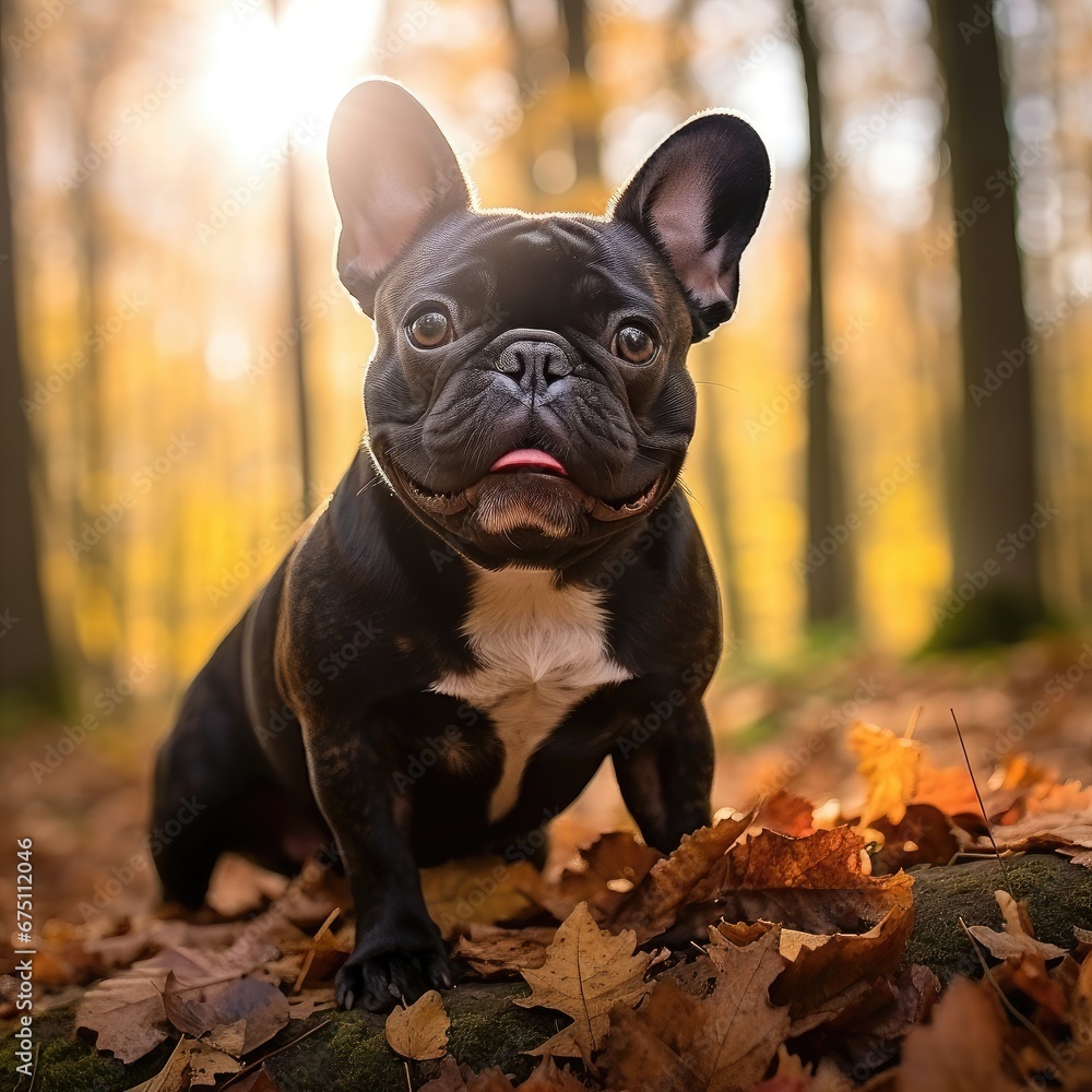 A cute French Bulldog in an autumn forest.