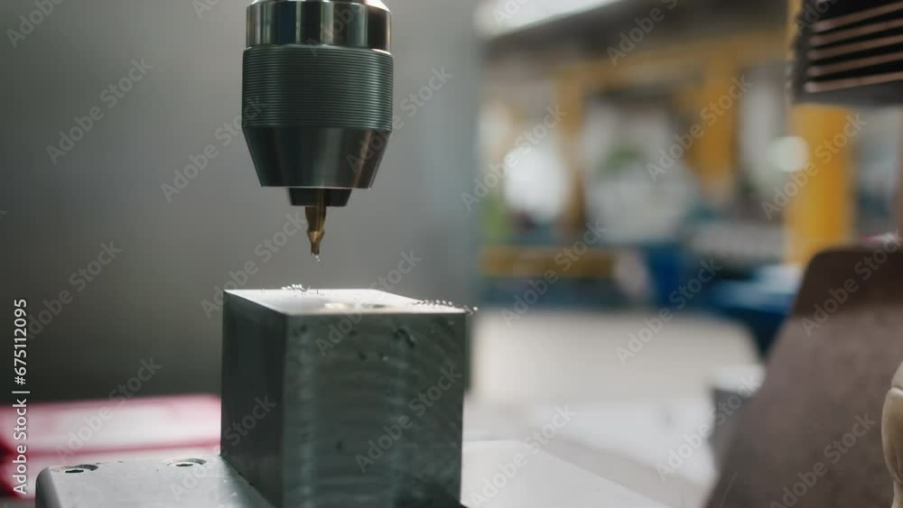 A short drill bit working on a block of metal in a car production factory A short drill bit working on a block of metal in a car production factory