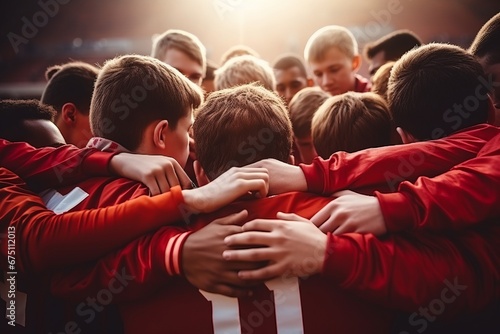 High school American football team with teenage boys holding hands in a huddle © Emanuel