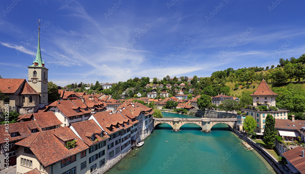 View of the Bern old city center and Nydeggbrucke bridge over river Aare, Bern, Switzerland