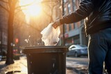 Un hombre tirando una pequeña bolsa de basura a una papelera en la ciudad al amanecer