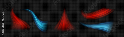 Fresh cold and warm air waves with wind flow effect. Realistic vector illustration set of blue and red jets of cool and hot stream. Transparent purification breeze and heating blow or magic smoke.