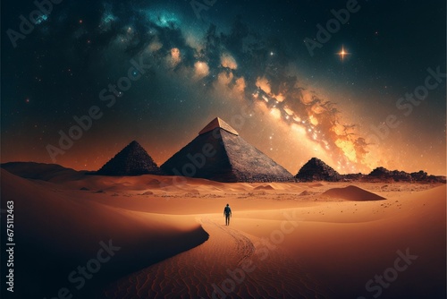 AI generated illustration of a traveler walking towards the pyramids under the cloudy sky