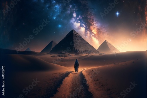 AI generated illustration of a traveler walking towards the pyramids under the cloudy sky