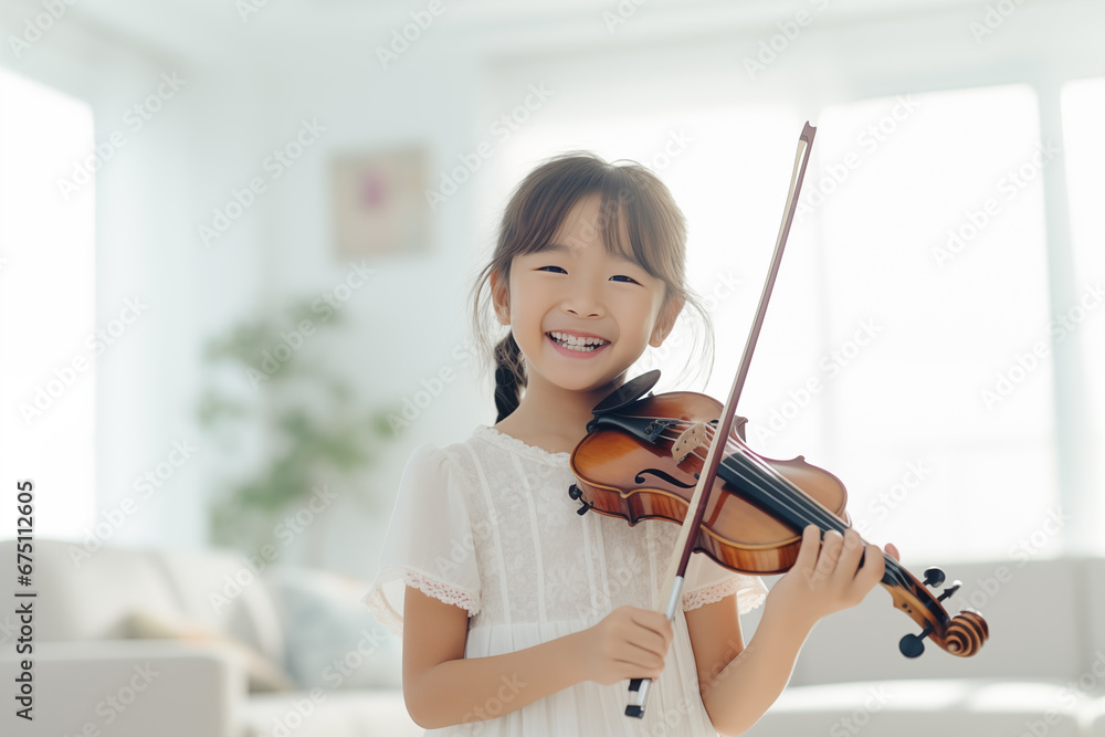 little girl having fun standing playing violin on blured white livingroom background little girl having fun standing playing violin on blured white livingroom background