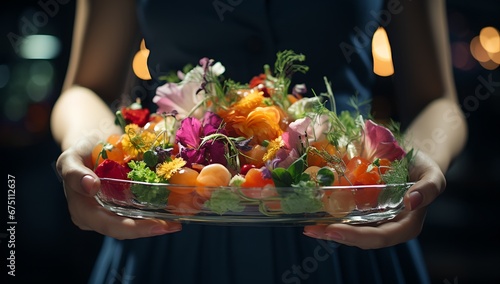 Close-up of a salad plate in a woman's hands