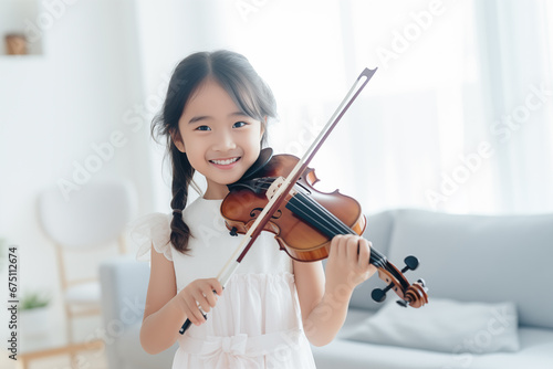 little girl having fun standing playing violin on blured white livingroom background photo