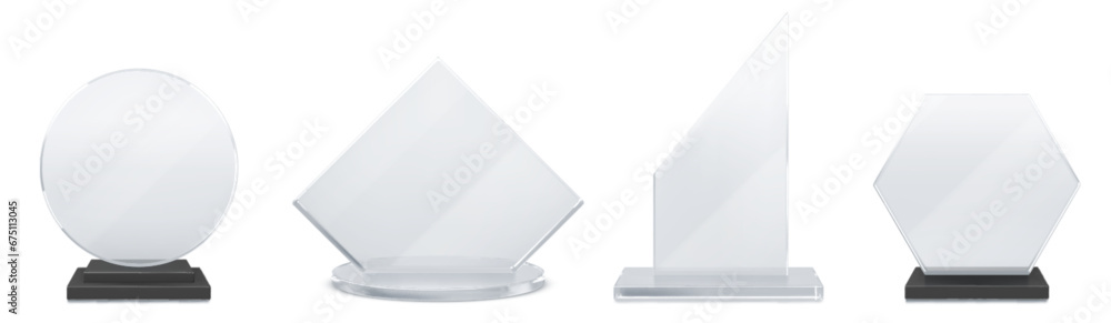 Glass transparent trophy mockup with empty acrylic shape on base. Realistic vector set of round, rhombus and hexagon plexiglass award for sport competition winner or business achievement prize. - obrazy, fototapety, plakaty 