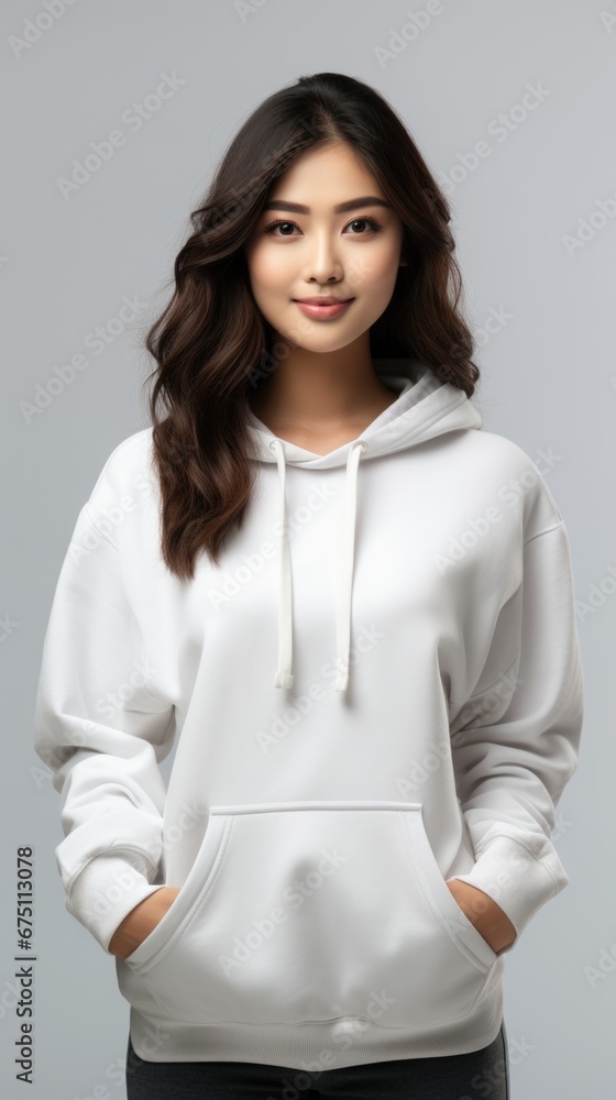 Design inspiration with a lady in a hoodie on a white studio background Design inspiration with a lady in a hoodie on a white studio background