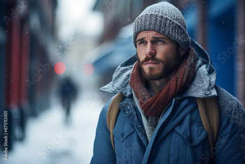 A sad man stands on a street in winter on a blue Monday.