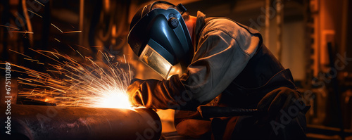 Metal welder working with arc welding machine to weld steel at factory. generative ai photo