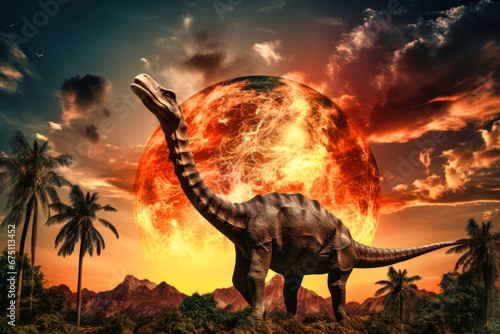 Diplodocus dinosaur against a background of fire and explosions. Dinosaur. Jurassic period. A huge monster. Global catastrophe. Death of the dinosaurs. © Anoo