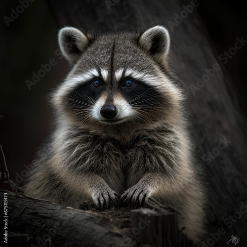 AI generated illustration of a cute raccoon with its paws up against a tree branch