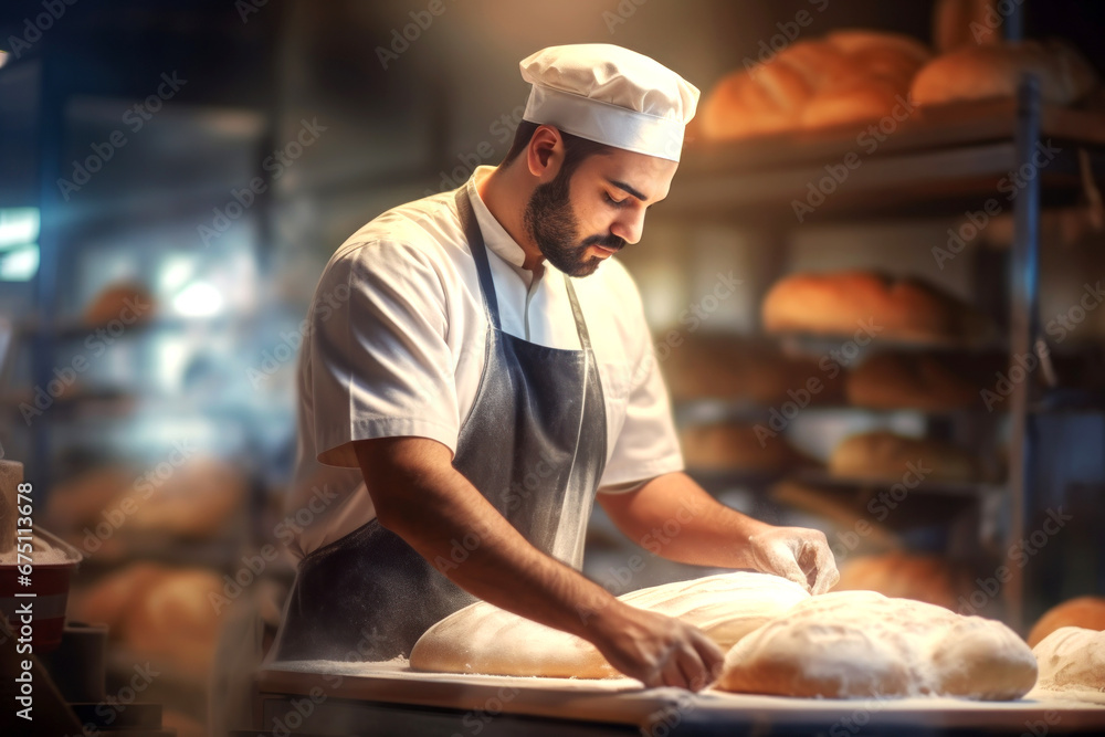 A worker at a bakery takes fresh bread out of the oven. Industrial production. A worker at a bakery takes fresh bread out of the oven. Industrial production.