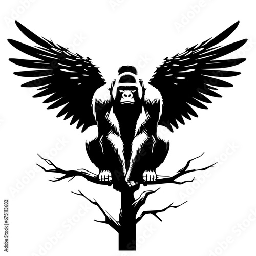 Gorilla with wings sitting on a tree photo