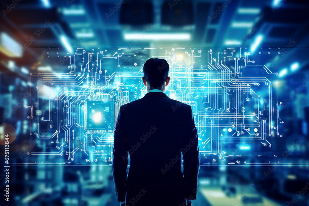 A man in a suit standing in front of a cityscape. Business in a modern big city. Infographics. A man in a suit standing in front of a cityscape. Business in a modern big city. Infographics.