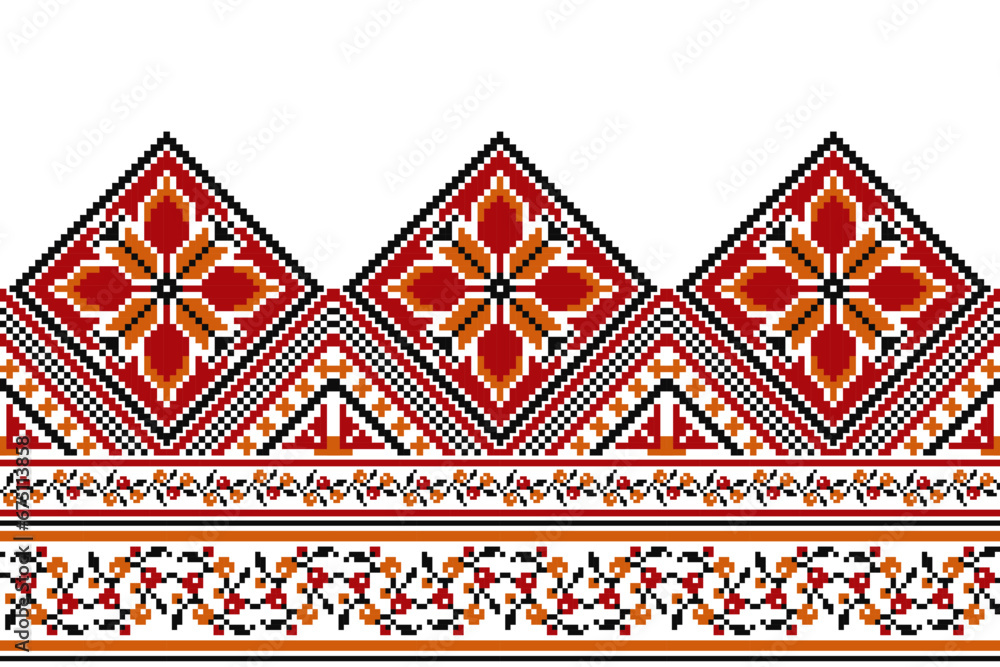 flower embroidery on white background. ikat and cross stitch geometric seamless pattern ethnic oriental traditional. Aztec style illustration design for carpet, wallpaper, clothing, wrapping, batik.