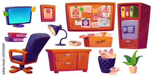 Detective room interior furniture and equipment. Cartoon vector set of police office and crime bureau elements - desk and chair, investigation map on pin board, rack with documents and safe box.