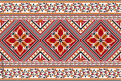 flower embroidery on white background. ikat and cross stitch geometric seamless pattern ethnic oriental traditional. Aztec style illustration design for carpet, wallpaper, clothing, wrapping, batik.