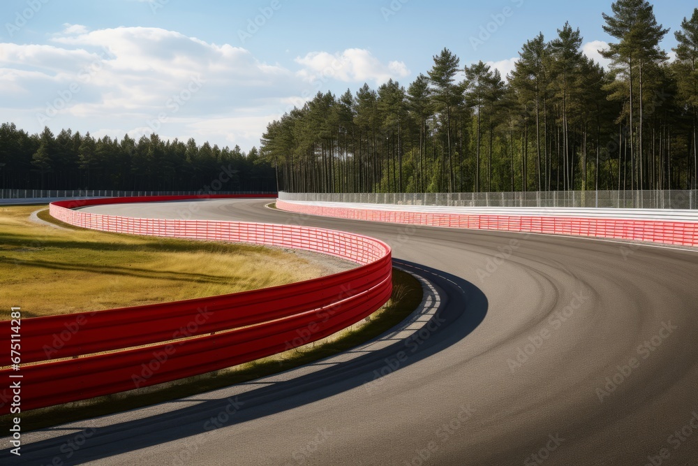 a bend at a Formula 1 race track. The sides of the track are lined with ...