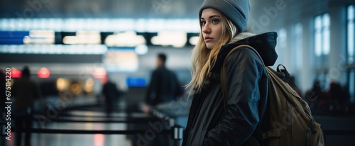 Cinematic still, a woman waiting at airport, in the style of shallow depth of field
