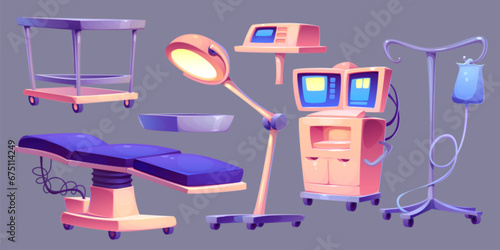 Surgery room interior operation equipment and furniture. Cartoon vector set of operating medical lamp, hospital surgeon table, monitors and appliances to control patient health and condition.