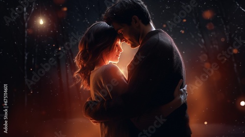 Couple hug each other at night with light glowing. Romantic love Valentines day relationships background