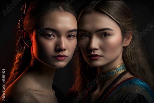 AI generated illustration of two different beautiful females posing on a black background