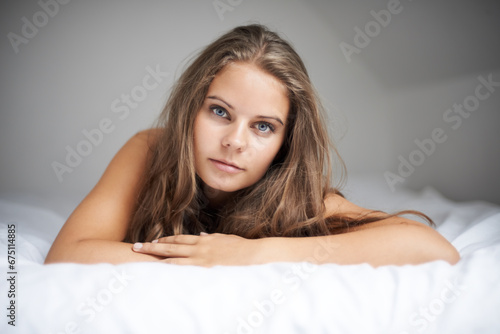 House, woman portrait and bed with sleeping, rest and relax in a bedroom with face and calm. Dreaming, female person and confidence with nap at home on a blanket and sheets lying down with thinking