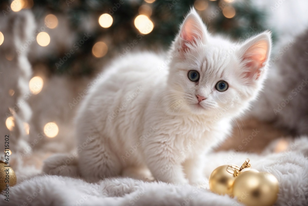 Cute White Cat Chirstmas Decor Scene