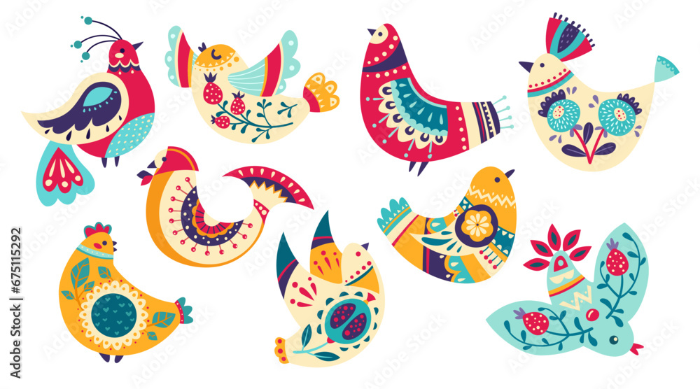 Obraz premium Various Birds with Folk Ornament and Decor Vector Set