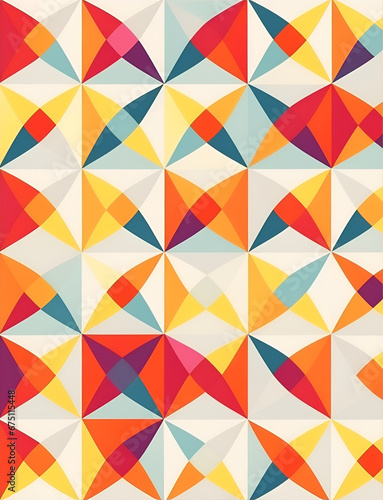 This vibrant retro geometric pattern is created by a combination of triangles, squares, and circles. The colors are bold and eye-catching, and the pattern is simple yet effective.
