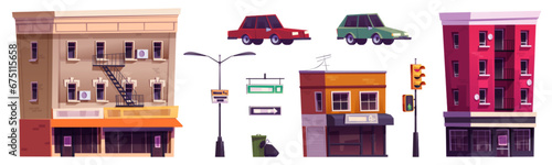 Street city elements for town intersection landscape creation. Cartoon vector illustration set of multistorey buildings with cafe and shop, cars and traffic light, lantern and signs, trash can.