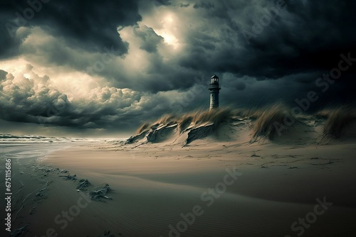 AI-generated illustration of a lighthouse in the seaside in on a stormy day