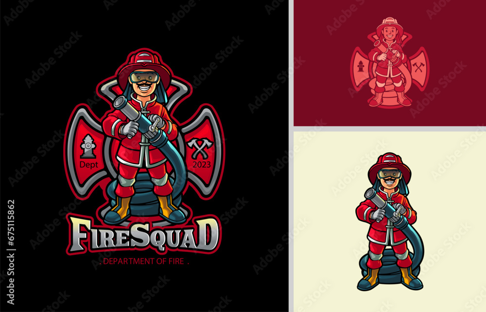 Cartoon Fireman Mascot Logo Design Inspiration, vector illustration ...