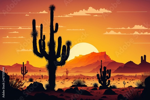 AI generated illustration of cactus in a desert at sunset with an orange sky in the background
