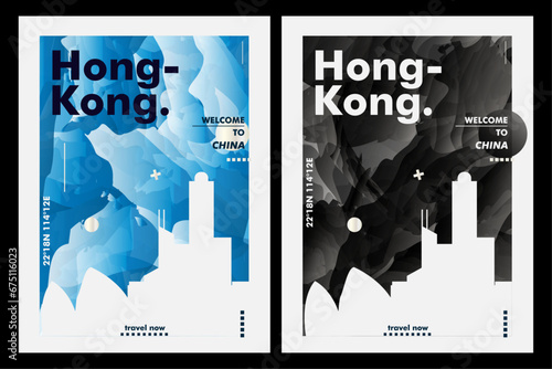 Hong Kong city poster pack with abstract skyline, cityscape, landmark and attraction. China travel vector illustration layout set for vertical brochure, website, flyer, presentation