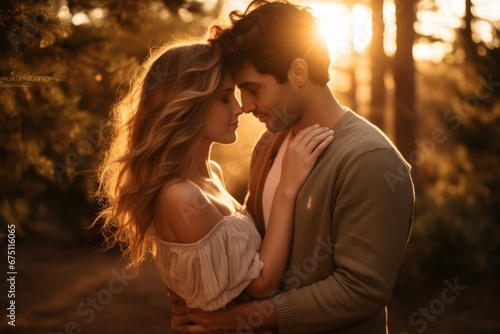 A couple embracing during sunset
