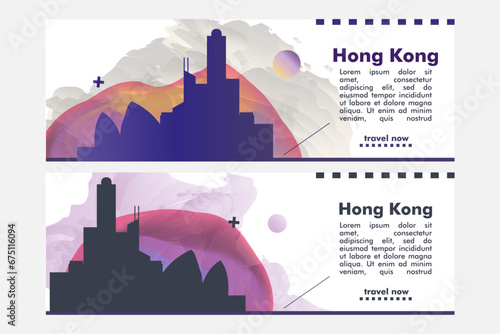 Hong Kong city banner pack with abstract shapes of skyline, cityscape, landmark. China travel  vector horizontal illustration layout set for brochure, website, page, presentation, header, footer