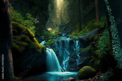 AI-generated illustration of a waterfall in the forest with grass and trees growing around © Wirestock