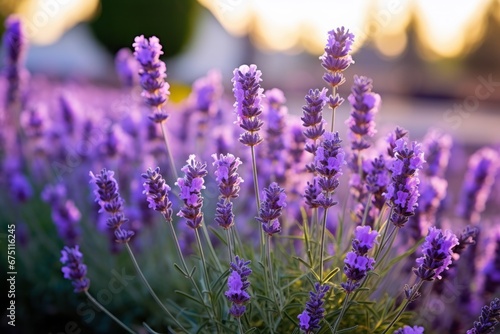 A close-up image of a single lavender plant adorned with purple blossoms in the foreground  with a slightly blurred background