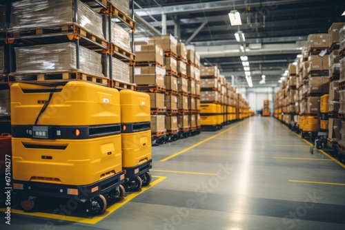 A highly automated warehouse, where AGVs autonomously transport boxes to their destinations photo
