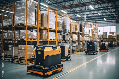 A highly automated warehouse, where AGVs autonomously transport boxes to their destinations photo