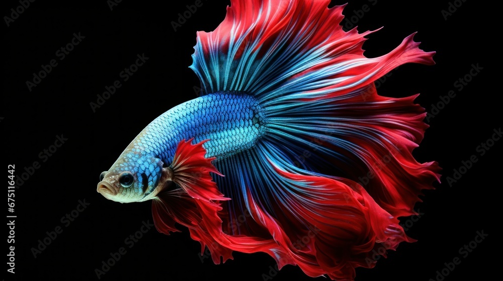 Fototapeta premium Capture the moving moment of siamese fighting fish isolated on black background. betta fish.