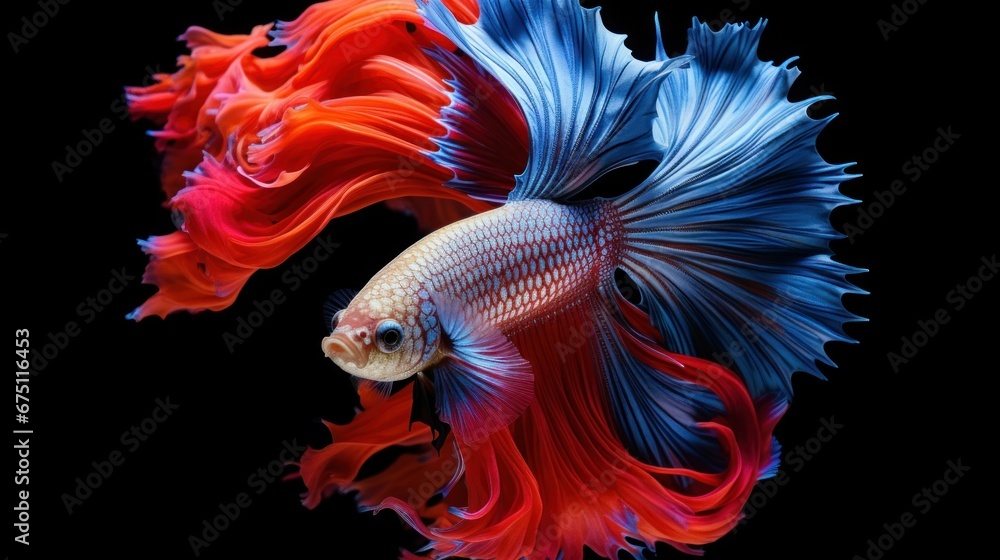 Fototapeta premium Capture the moving moment of siamese fighting fish isolated on black background. betta fish.